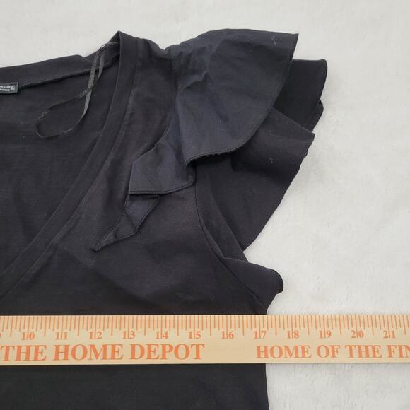 Zara Ruffle Sleeve T Shirt Black Sz Medium 100% Cotton - Picture 8 of 9